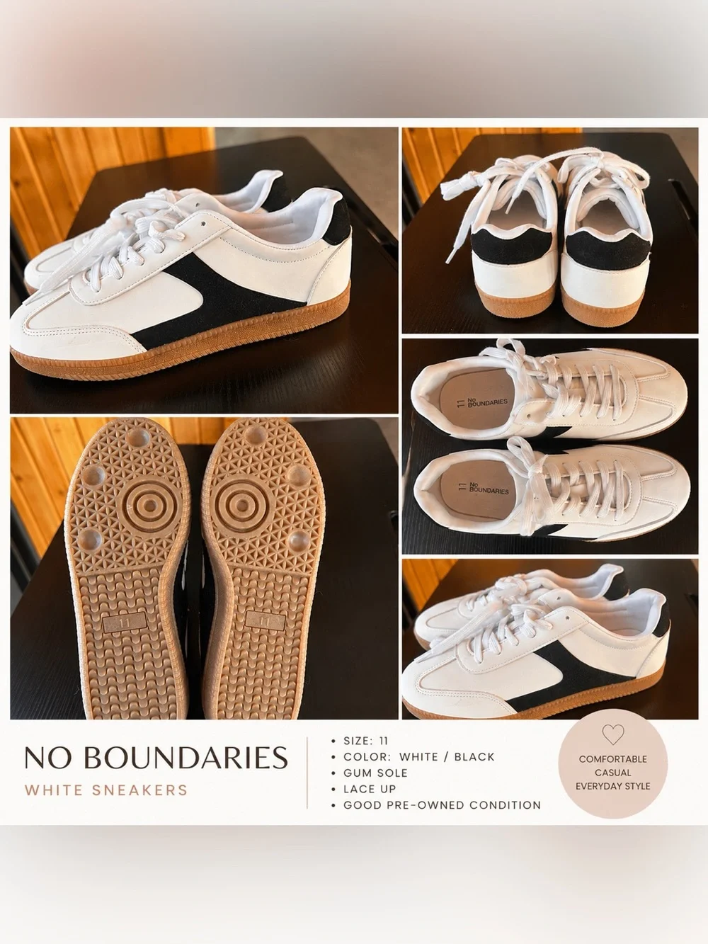 No Boundaries White and Black Lace-Up Sneakers with Gum Sole
